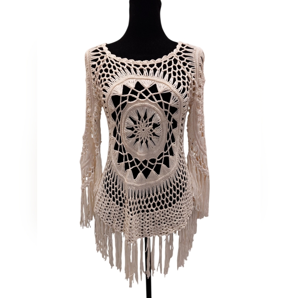 Beautiful Polyester Cream Crochet Women's Sweater. Cut-Out and Fringe area....